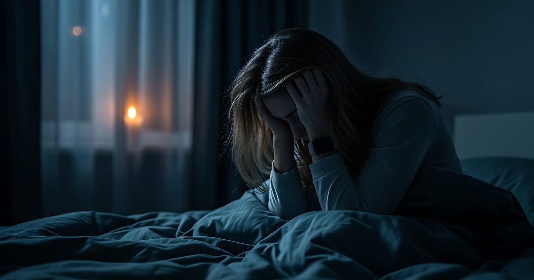 Woman Suffering From Depression in Bed at Night