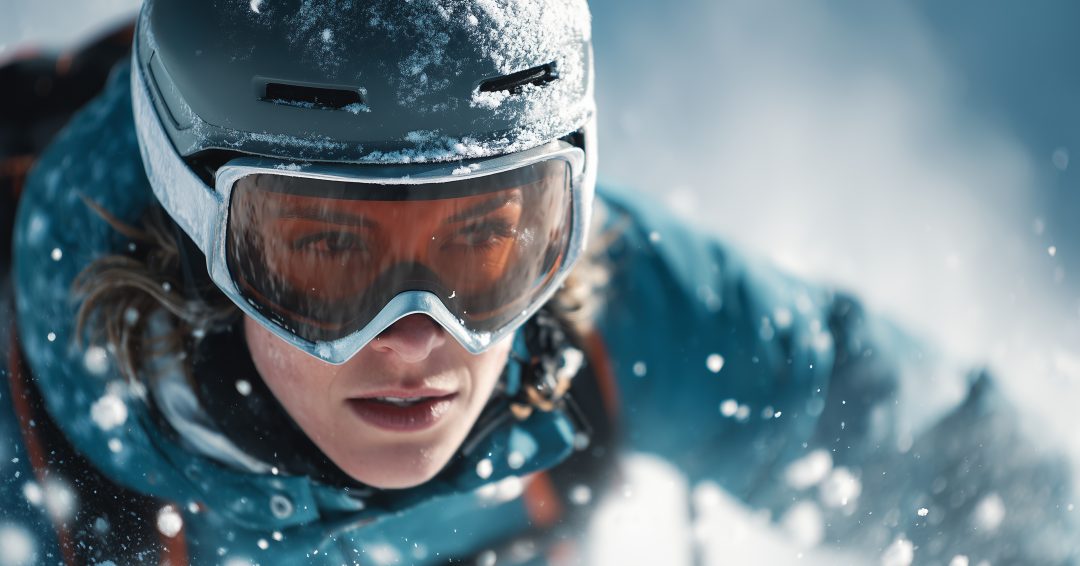 Skiing down a snowy slope with focused expression and protective gear in winter environment