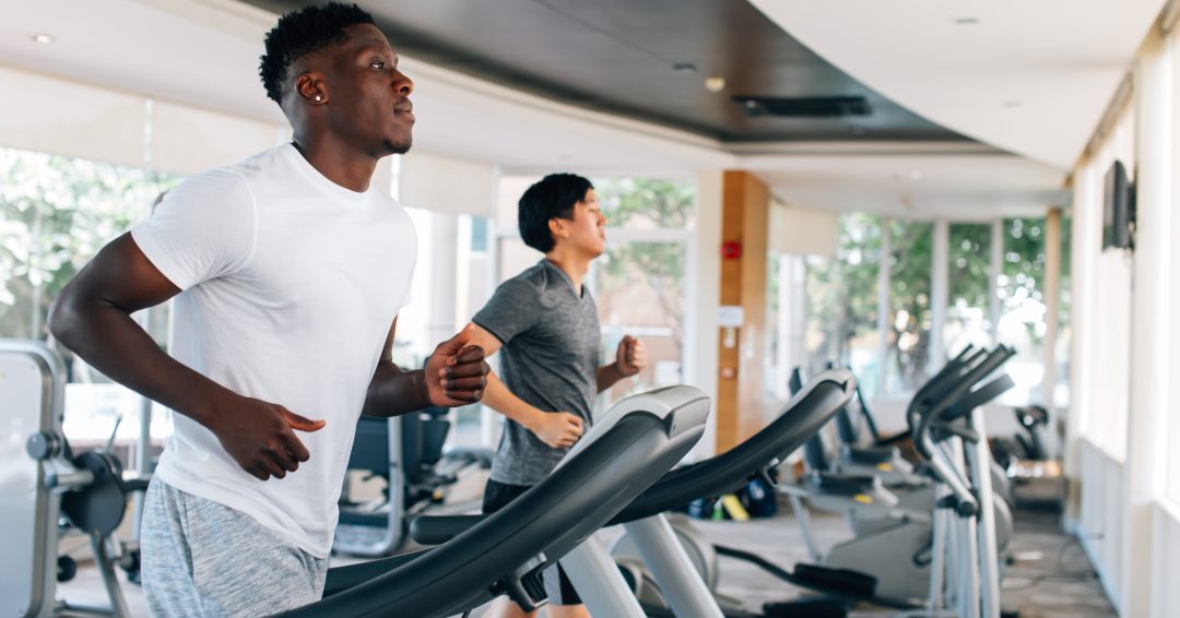 Side view of multiracial sportsmen working out on treadmills in gym on daytime. Multiethnic males running on treadmills